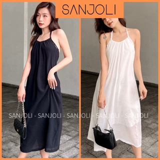 Váy 2 Dây SANJOLI Đầm Đi Biển Nữ Dáng Maxi Dài Thiết Kế Cổ Yếm Hở Lưng Chất Vải Đũi Xinh Đi Dự Tiệc Cưới Màu Trắng VD062