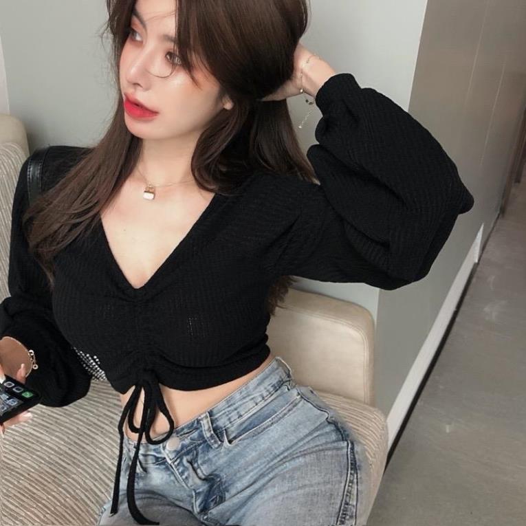 Áo Croptop kiểu tay dài , cổ v dây Rút Dây Giữa ngực | BigBuy360 - bigbuy360.vn