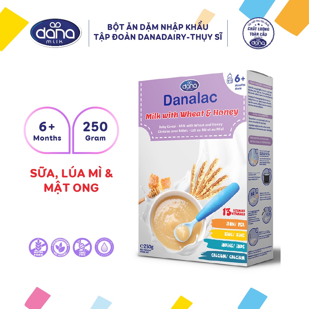 Bột ăn dặm DANALAC sữa với lúa mì và mật ong - Hộp 250g