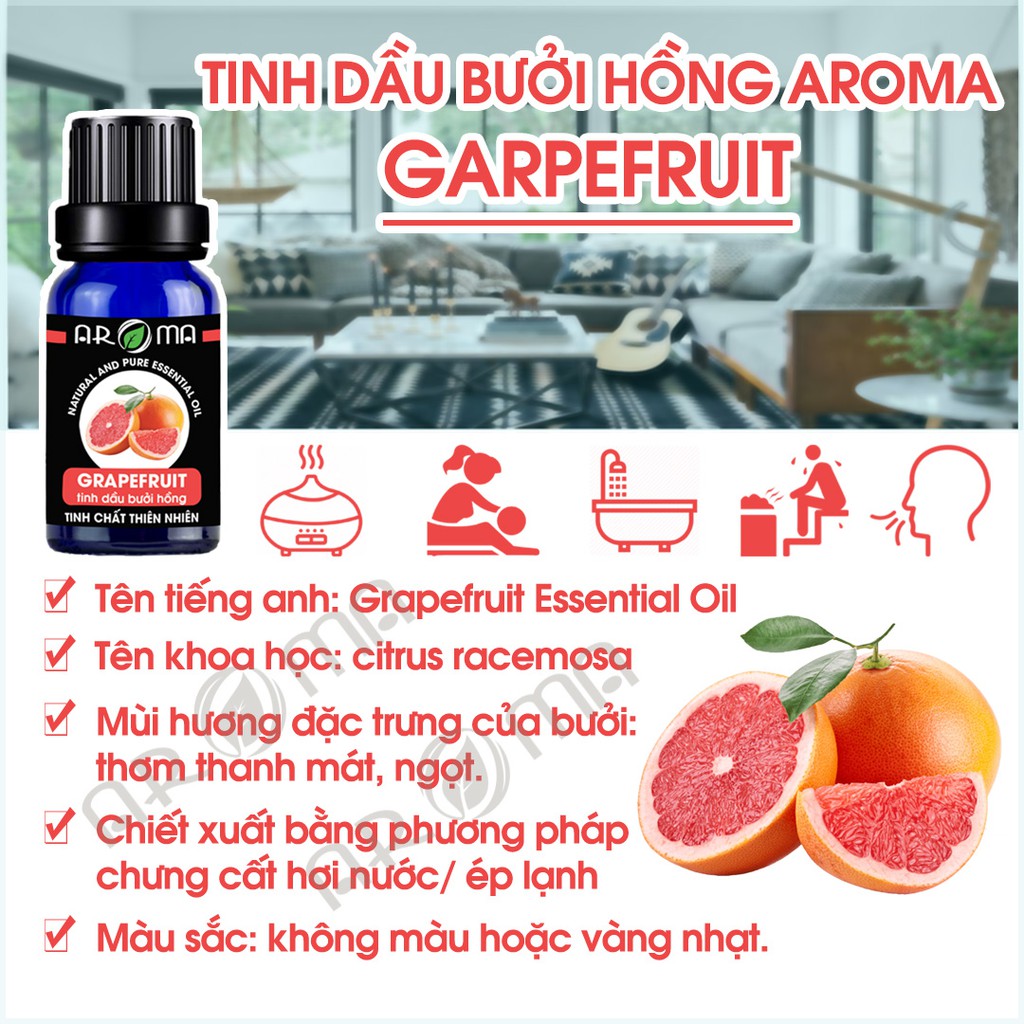 Combo 2 tinh dầu AROMA Sả chanh Lemongrass và Bưởi hồng Grapefruit, tinh dầu thơm phòng, đuổi muỗi