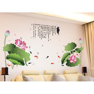 Decal trang trí phòng khách hình hoa sen và đàn cá chép đẹp