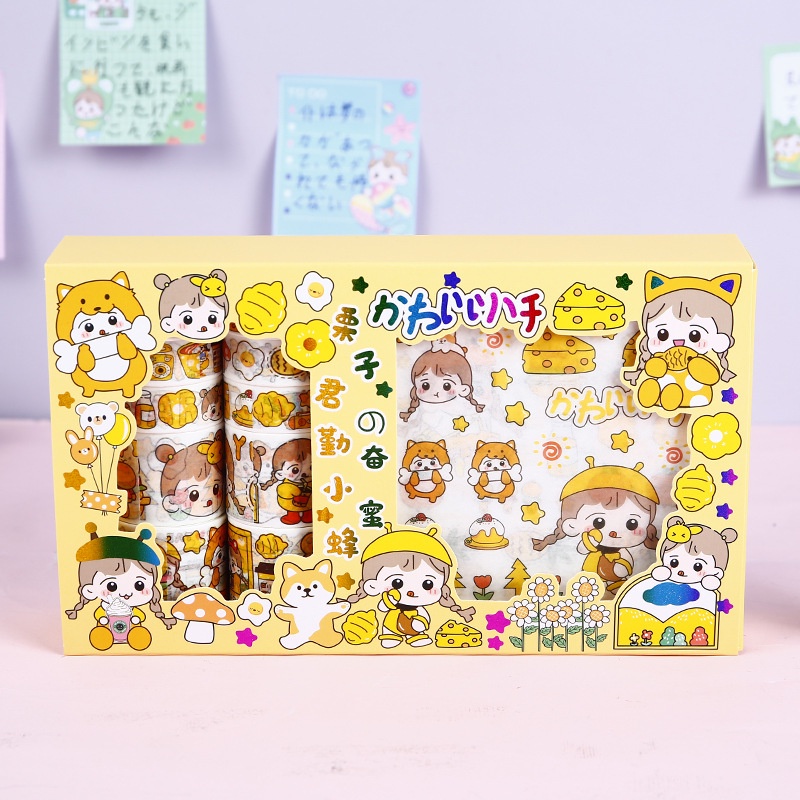 Hộp 10 cuộn washi tape + 10 tấm sticker cute băng keo trang trí sổ dễ thương loại không thấm nước