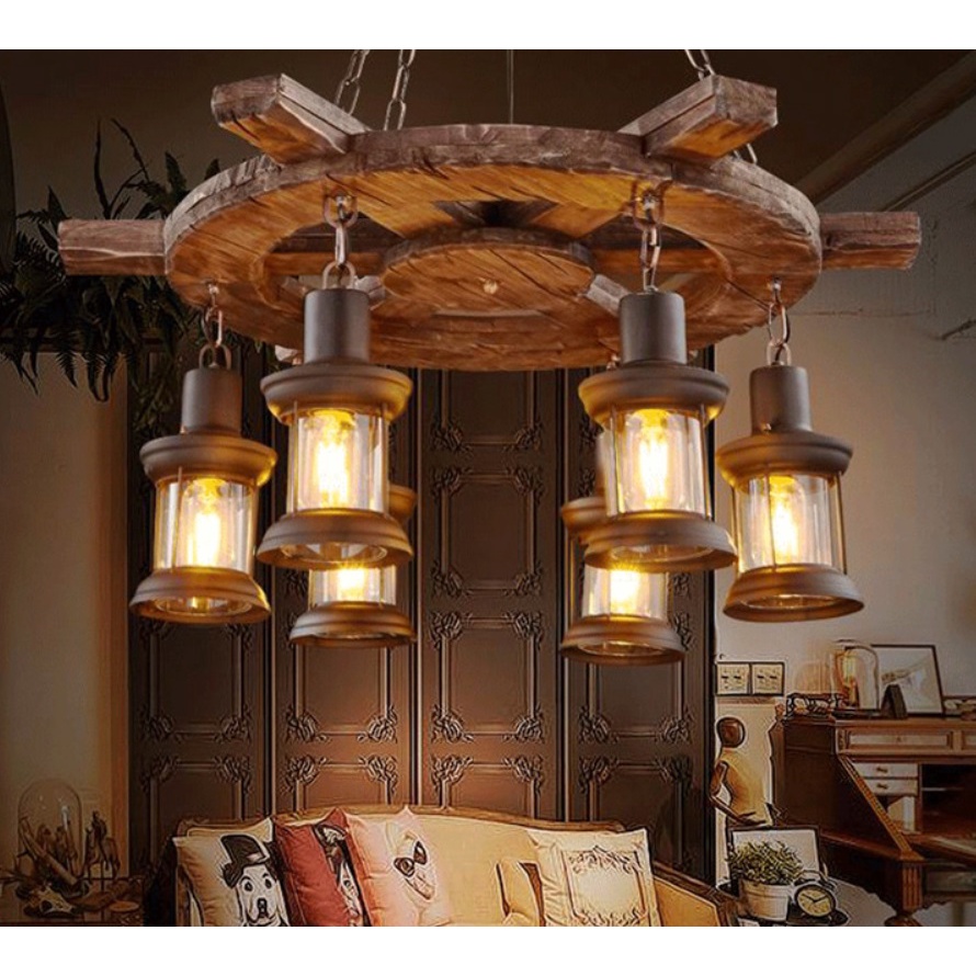 Đèn chùm gỗ thả trần decor vintage trang trí nhà hàng, quán bar phong cách cổ điển hình bánh lái tàu thuỷ