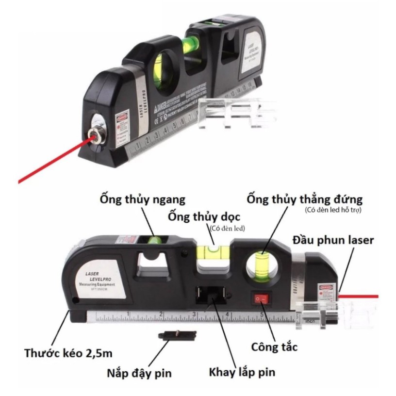 Thước laser đa năng cân bằng kèm thước kéo 2.5m