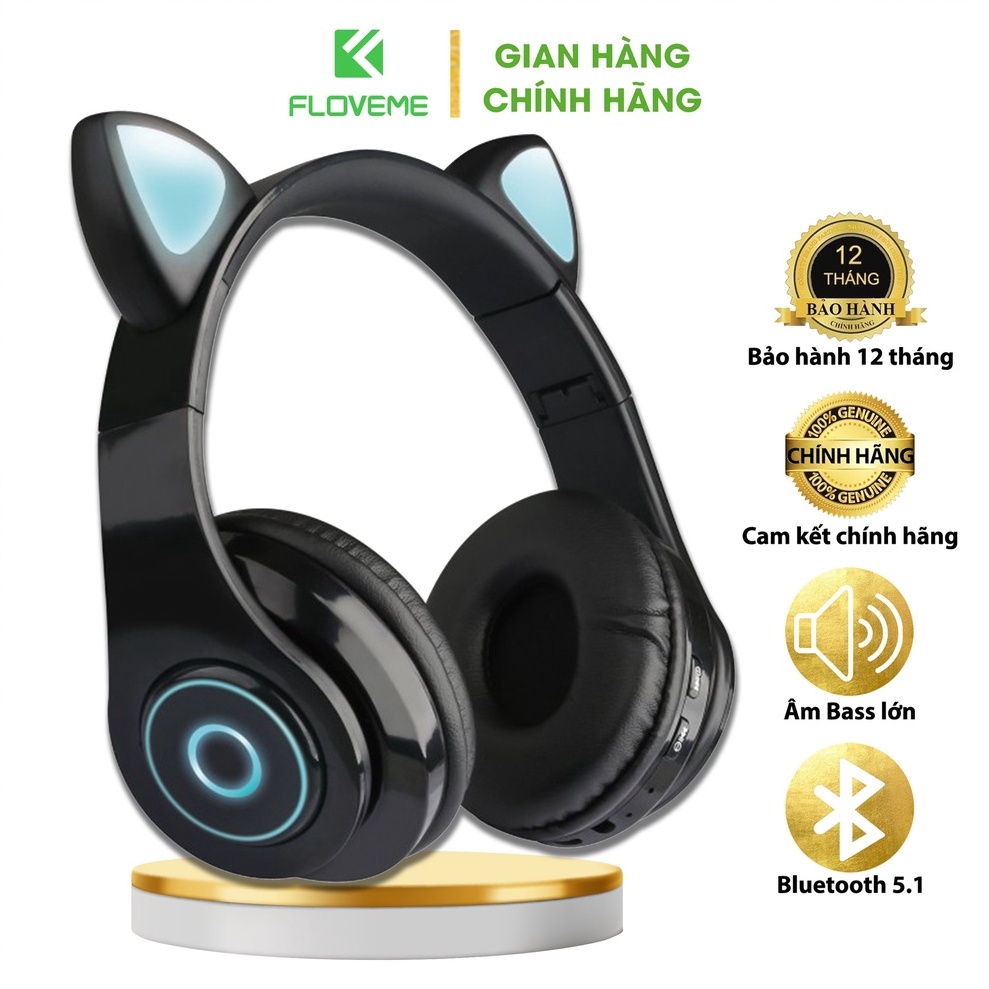 Tai Nghe Chụp Bluetooth Floveme BC3 Phiên Bản Tai Mèo Siêu Cute - Tích Hợp Đèn LED 7 Chế Độ Màu Rực Rỡ, Lọc Âm Thanh Ồn