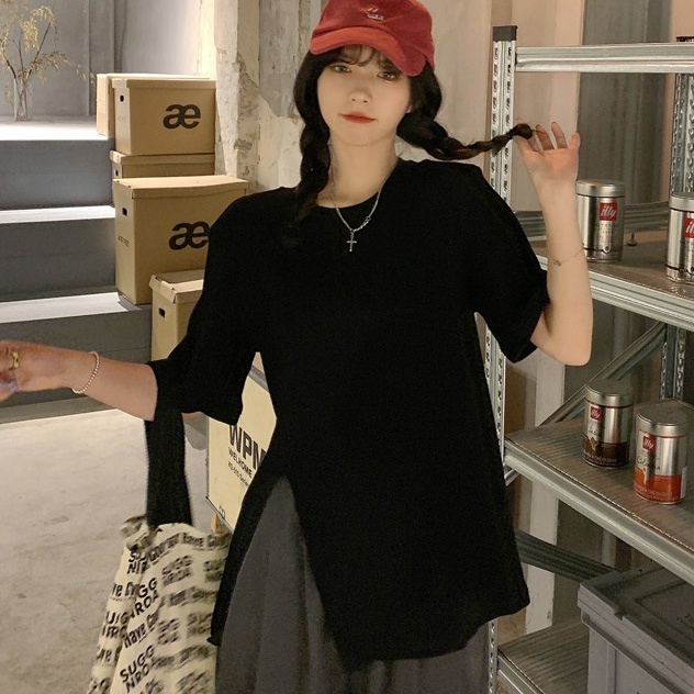 Áo Thun Tay Ngắn Dáng Rộng Xẻ Tà Kiểu vintage Thời Trang Mùa Hè Cho Nữ