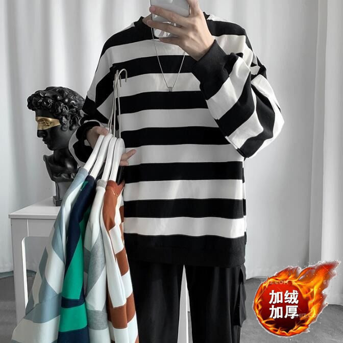 Áo Sweater cổ tròn dáng rộng họa tiết kẻ sọc thời trang thu đông cho nam