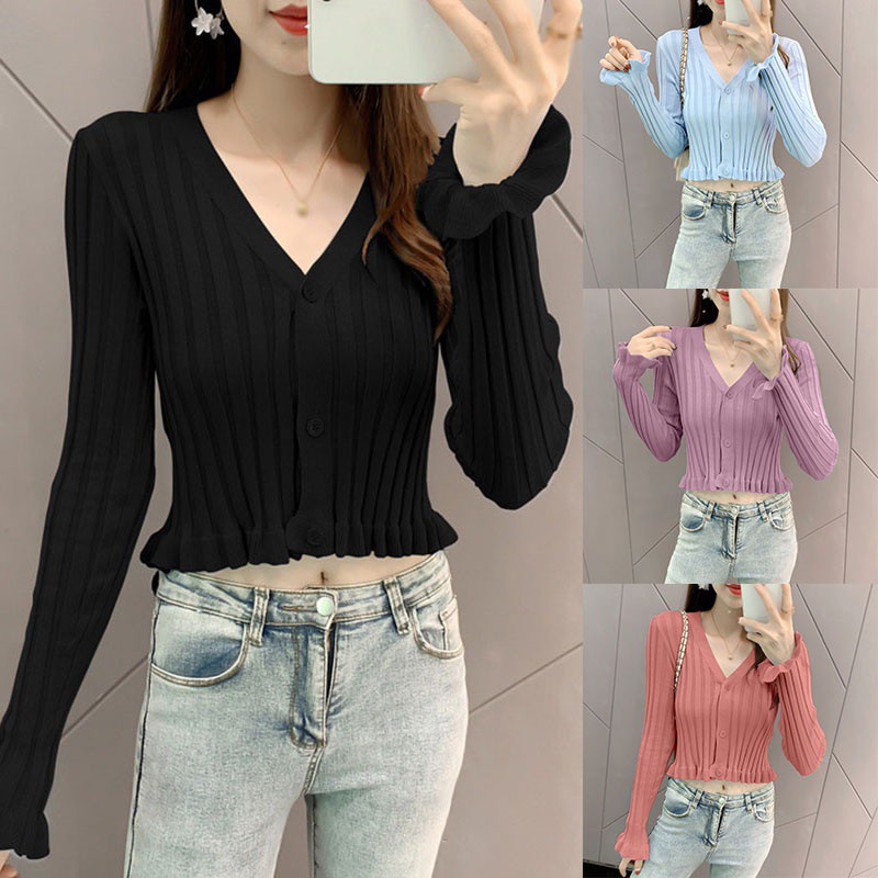 Áo Croptop Dệt Kim Mỏng Tay Dài Cổ V Kiểu Hàn Quốc Xinh Xắn Cho Nữ