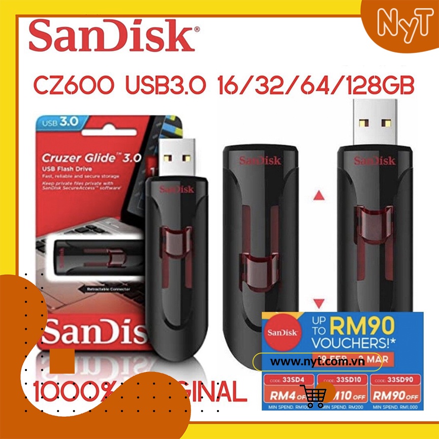 USB 3.0 SanDisk Cruzer Glide CZ600 16GB, 32GB, 64GB, 128GB Read 100MP/S - BH 5 Năm Chính Hãng