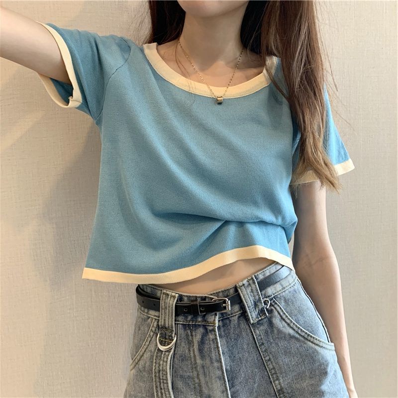 Áo Thun Tay Ngắn Cổ Tròn Màu Sắc Tương Phản Thời Trang Mùa Hè Phong Cách Hàn Quốc Cho Nữ