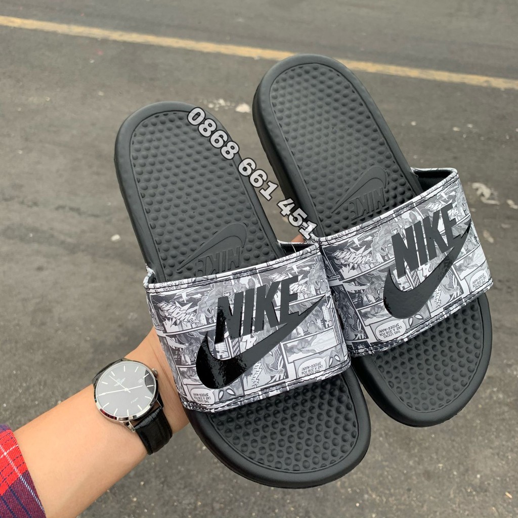 dép quai ngang nike-màu họa tiết trắng đen dành cho nam nữ tặng hộp