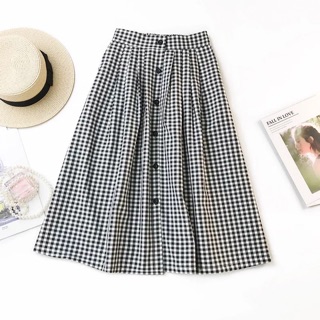 Chân Váy Xoè Kẻ Caro Free Size, cài cúc trước cạp sau chun giãn