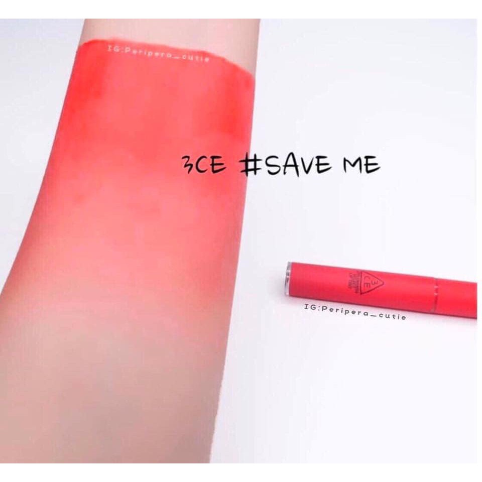 Son 3CE Velvet Lip Tint SaveMe tông màu san hô neon.