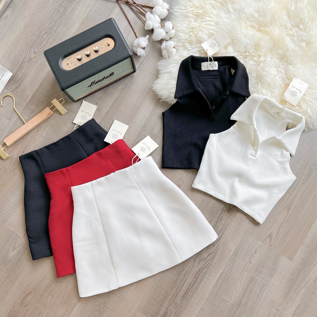 Áo thun sơ mi nữ trơn hàn quốc, 3 lỗ polo form croptop tay ngắn ôm body Four Studio A21