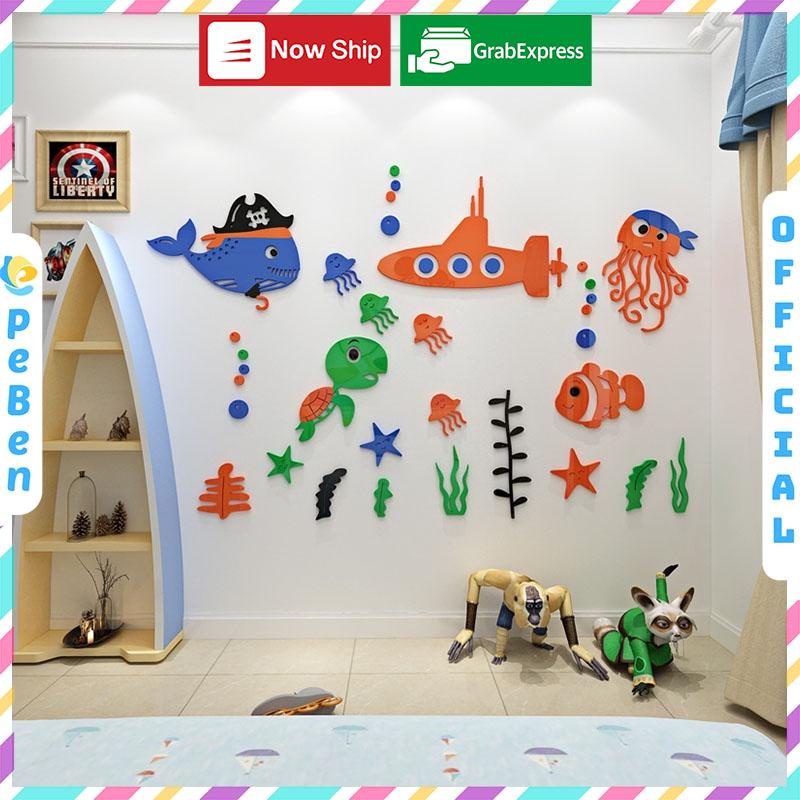 Tranh dán tường mica 3d decor khổ lớn cuộc sống dưới lòng đại dương trang trí mầm non, phòng cho bé Nhiều Size - EPeBen