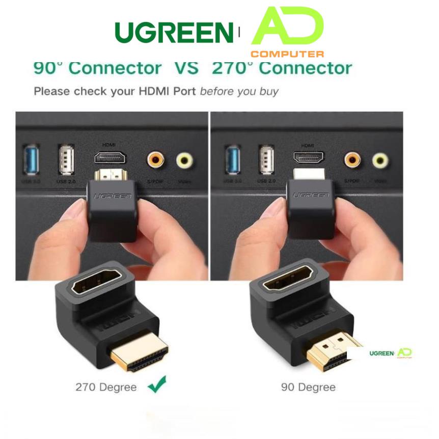 Đầu nối cổng HDMI cái sang HDMI đực vuông góc 90 độ UGREEN 20110 (màu đen) - Hàng phân phối chính hãng