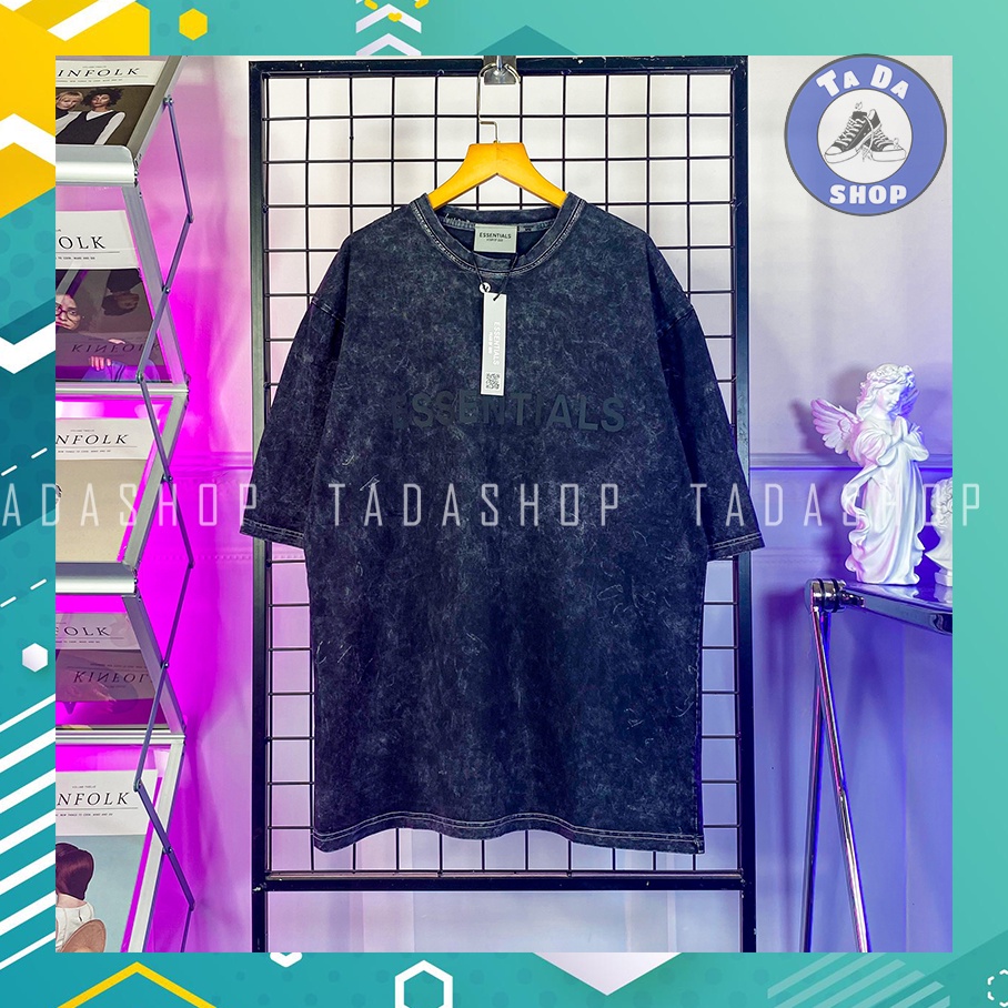 Áo Phông đen wash oversize Nam Nữ ESSENTIALS ảnh thật