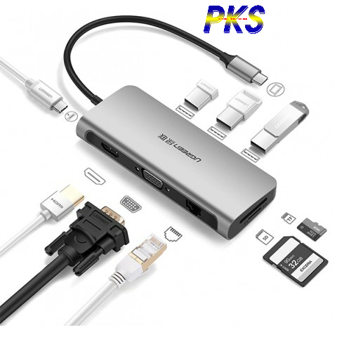 HUB 9 in 1 USB Type C To HDMI, VGA, USB 3.0, Lan, SD, USB-C chính hãng cao cấp Ugreen 40873