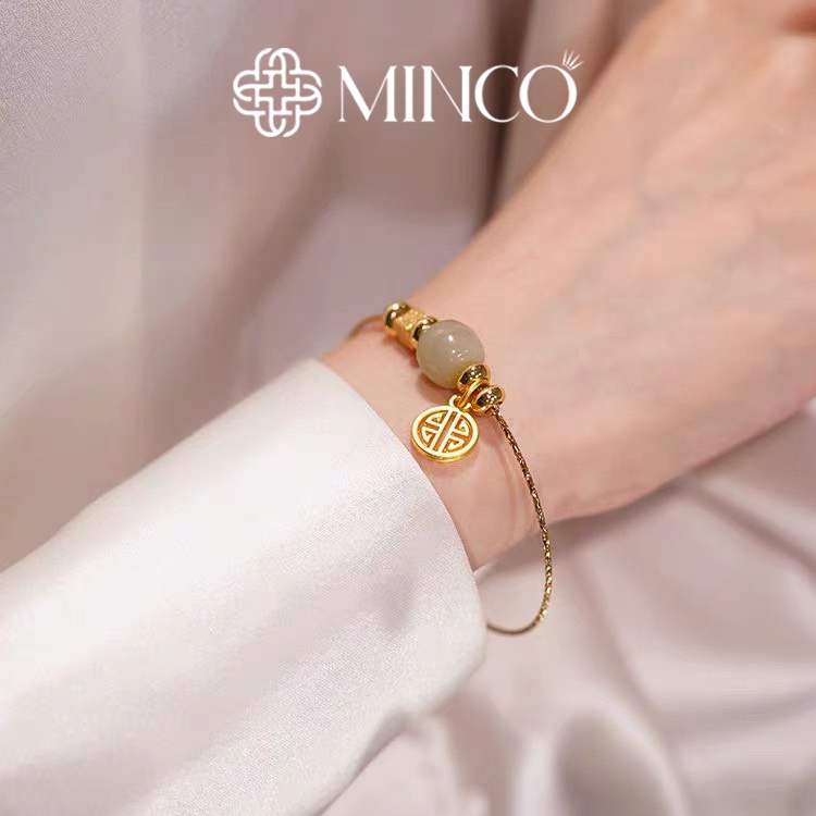 Lắc Tay nữ xinh mix charm chữ phúc màu vàng Minco Accessories Vòng tay nữ phong thủy mạ vàng VT36