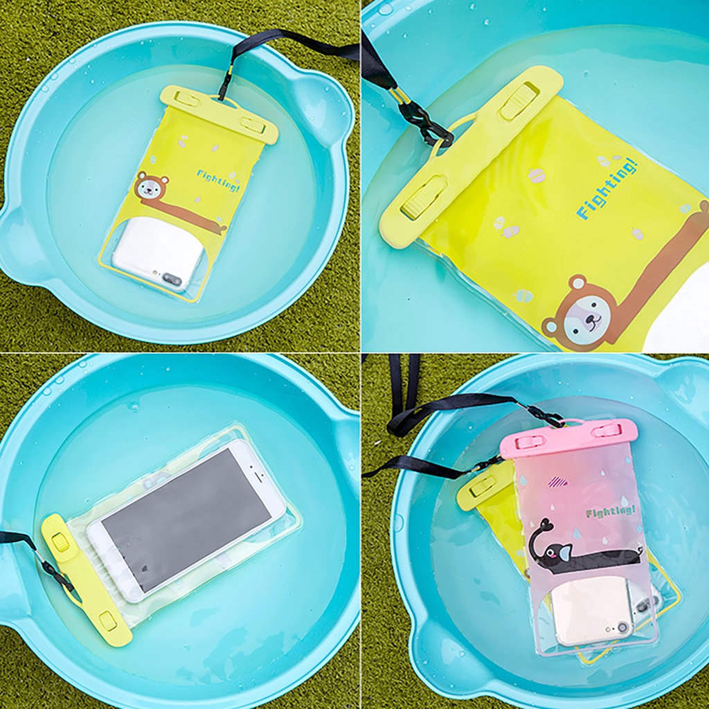 Túi đựng điện thoại trong suốt chống nước ip68 họa tiết hoạt hình đáng yêu + dây đeo