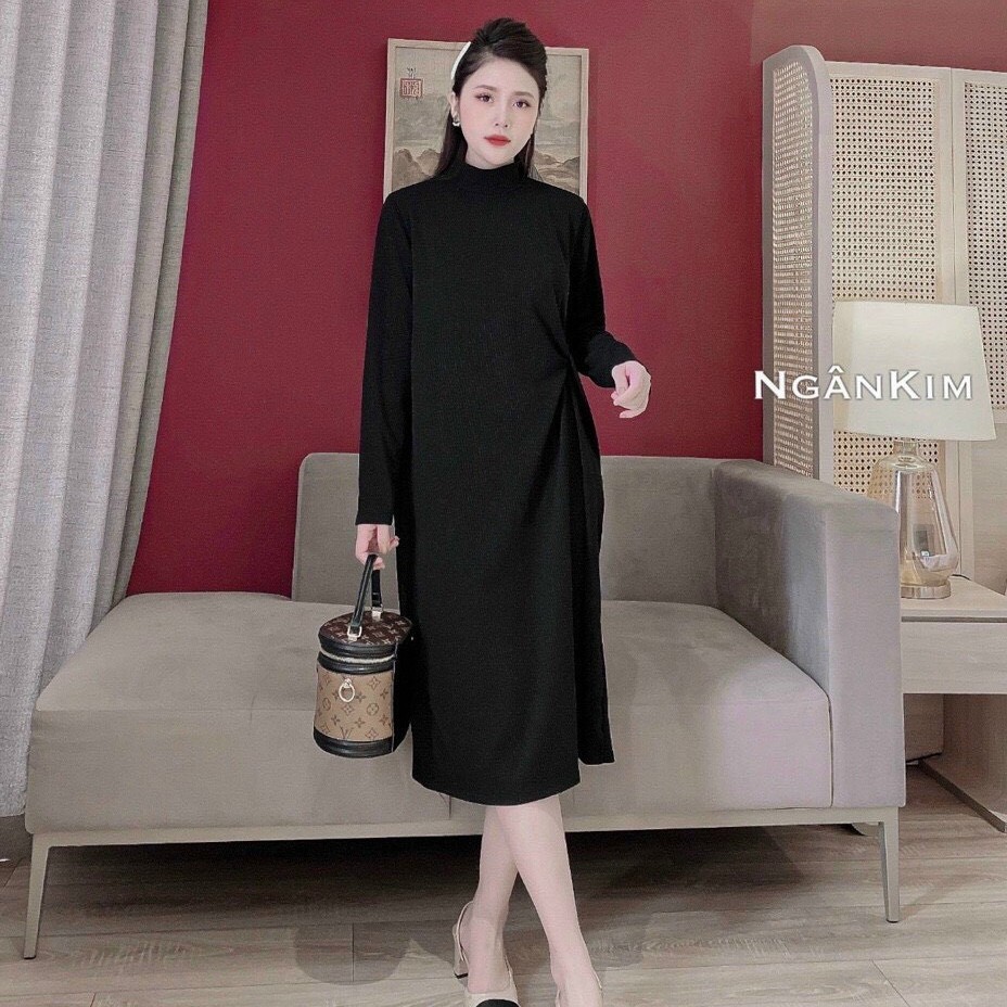 Đầm suông nữ Bingshop xoắn eo dài tay vải tăm dày co giãn nhiều màu