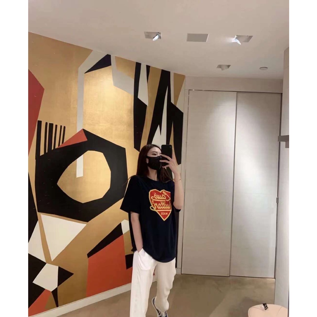 Lv Áo Thun Tay Ngắn Đan Len Họa Tiết Trái Tim Màu Xanh navy Thời Trang Cho Cặp Đôi