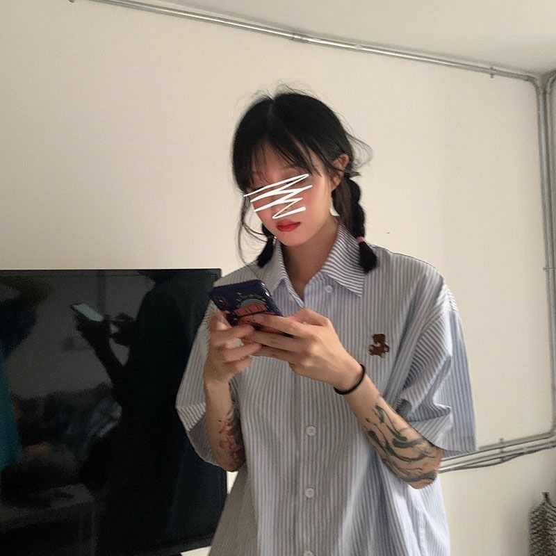 Áo Sơ Mi Nữ Tay Ngắn Dáng Rộng Thêu Hình Gấu Dễ Thương Thời Trang Mùa Hè
