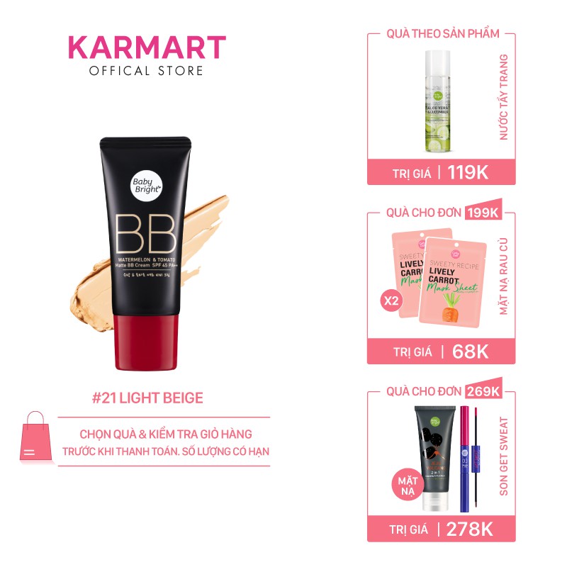 Kem Nền Kiềm Dầu Dưa Hấu Và Cà Chua Baby Bright Watermelon & Tomato Matte BB Cream SPF45 PA++ 30G