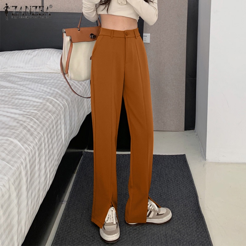 Quần dài Zanzea lưng cao màu trơn xẻ tà trước thời trang cho nữ