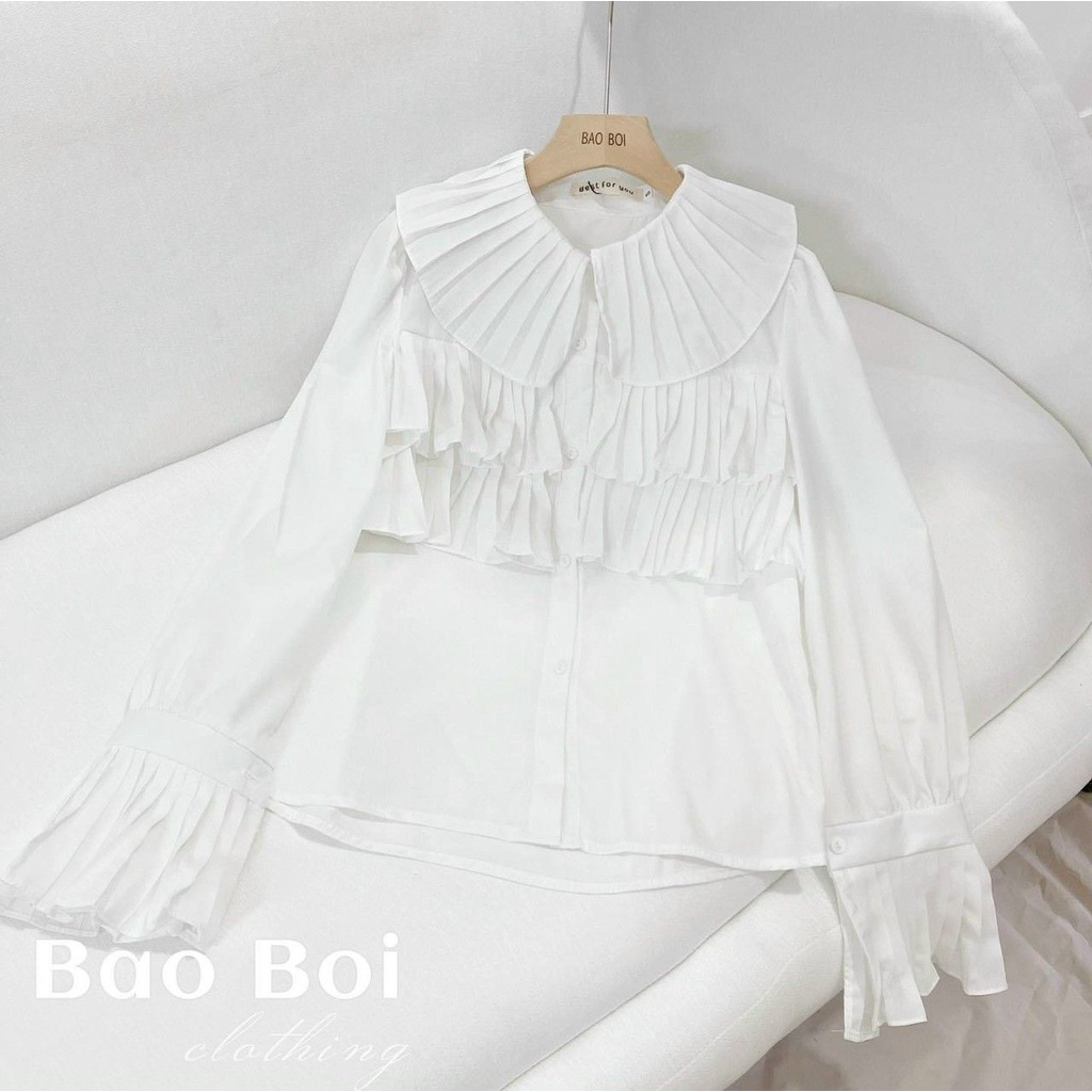 Áo sơ mi cổ sen xếp ly tầng bèo tiểu thư