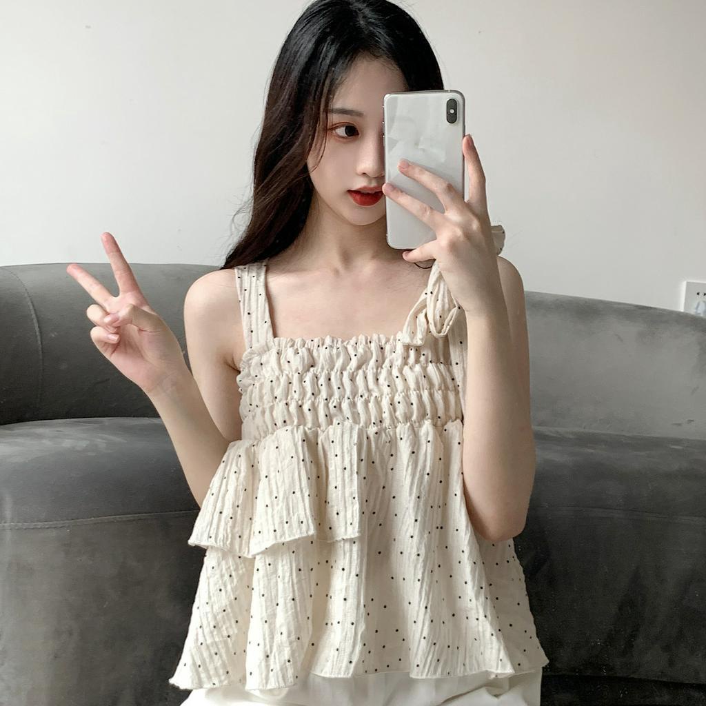 Lalisas Xiaozhainv Áo Hai Dây Dáng Ngắn Họa Tiết Chấm Bi Ngọt Ngào Cho Nữ