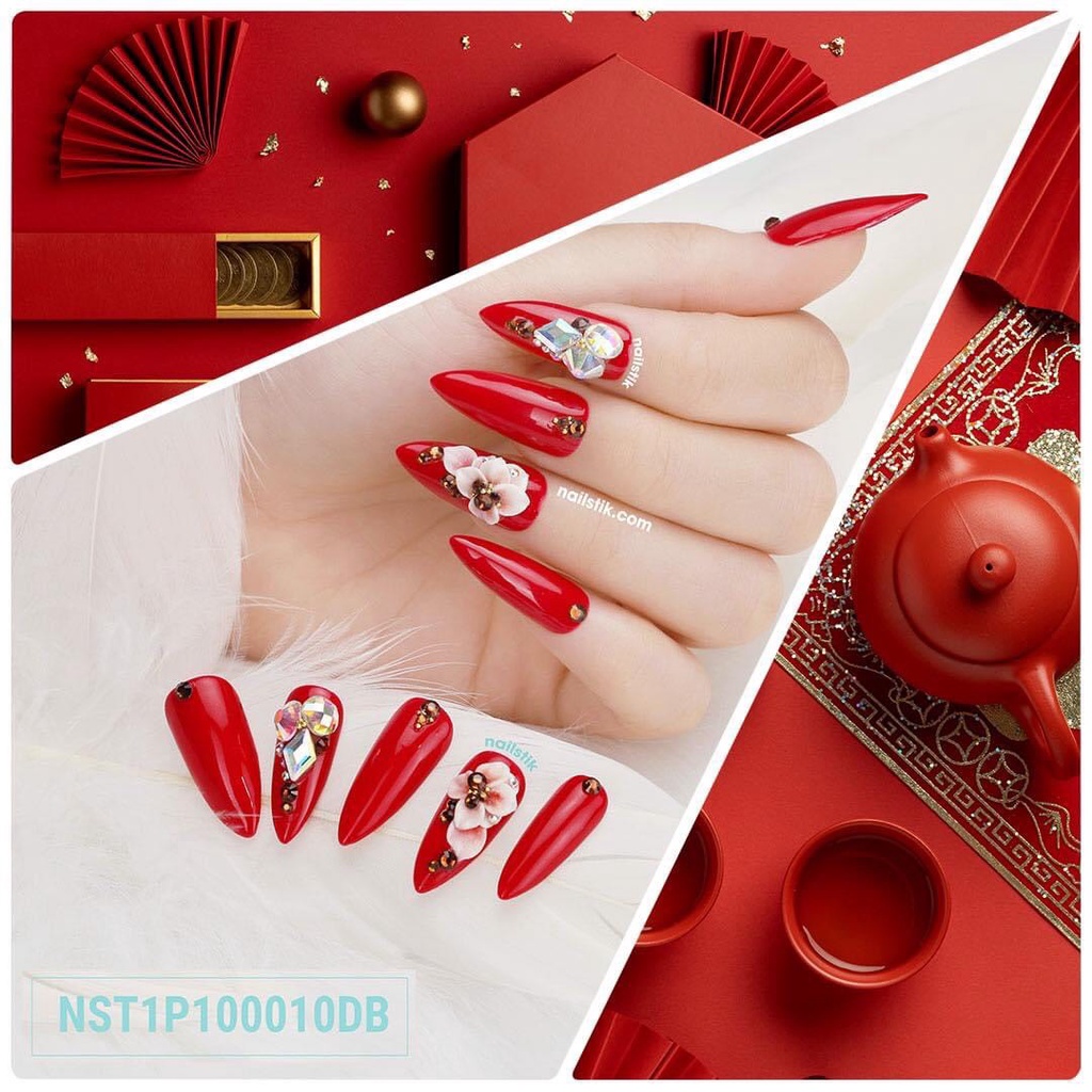 Móng úp thiết kế by NAILSTIK, màu đỏ tươi, form móng bầu, dài 010