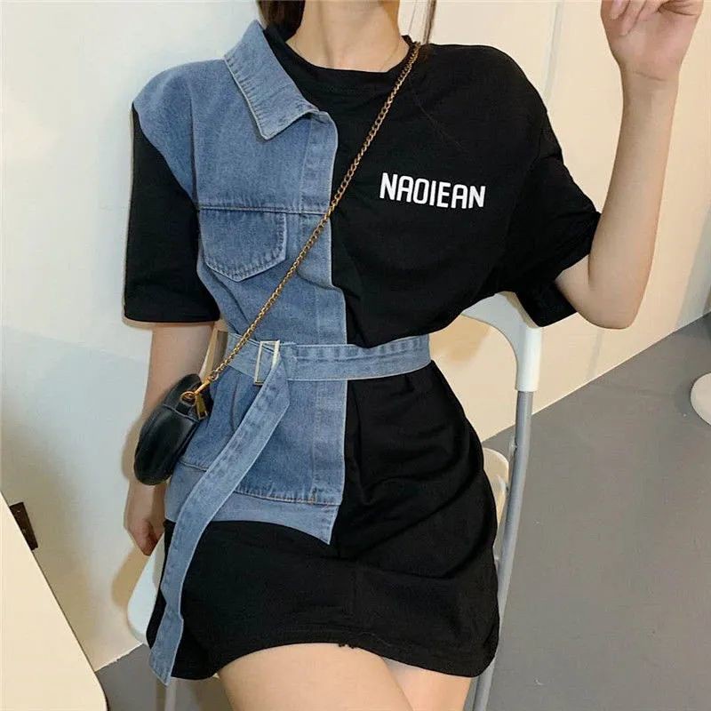 Niche design T-shirt women's 2020 new denim patchwork top women's summer all-matching graceful short sleeve women's ins