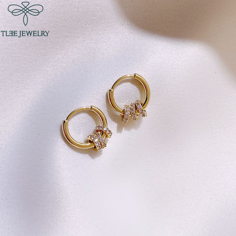 Khuyên tai bạc nữ TLEE tròn trơn mix ba vòng tròn nạm đá TleeJewelry B0113