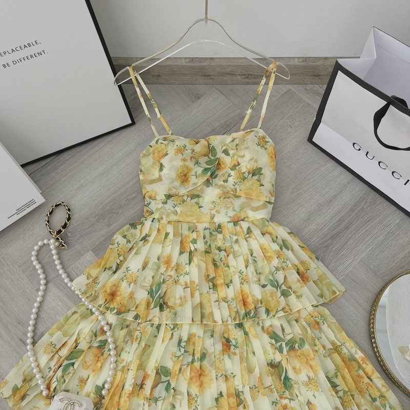 ĐẦM HOA VÀNG TẦNG 2 DÂY NHÍU NGỰC MIDI