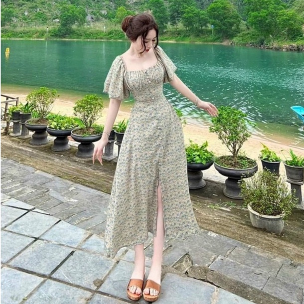 Váy đầm nữ dáng xòe cổ vuông tay phồng họa tiết phối nút bọc