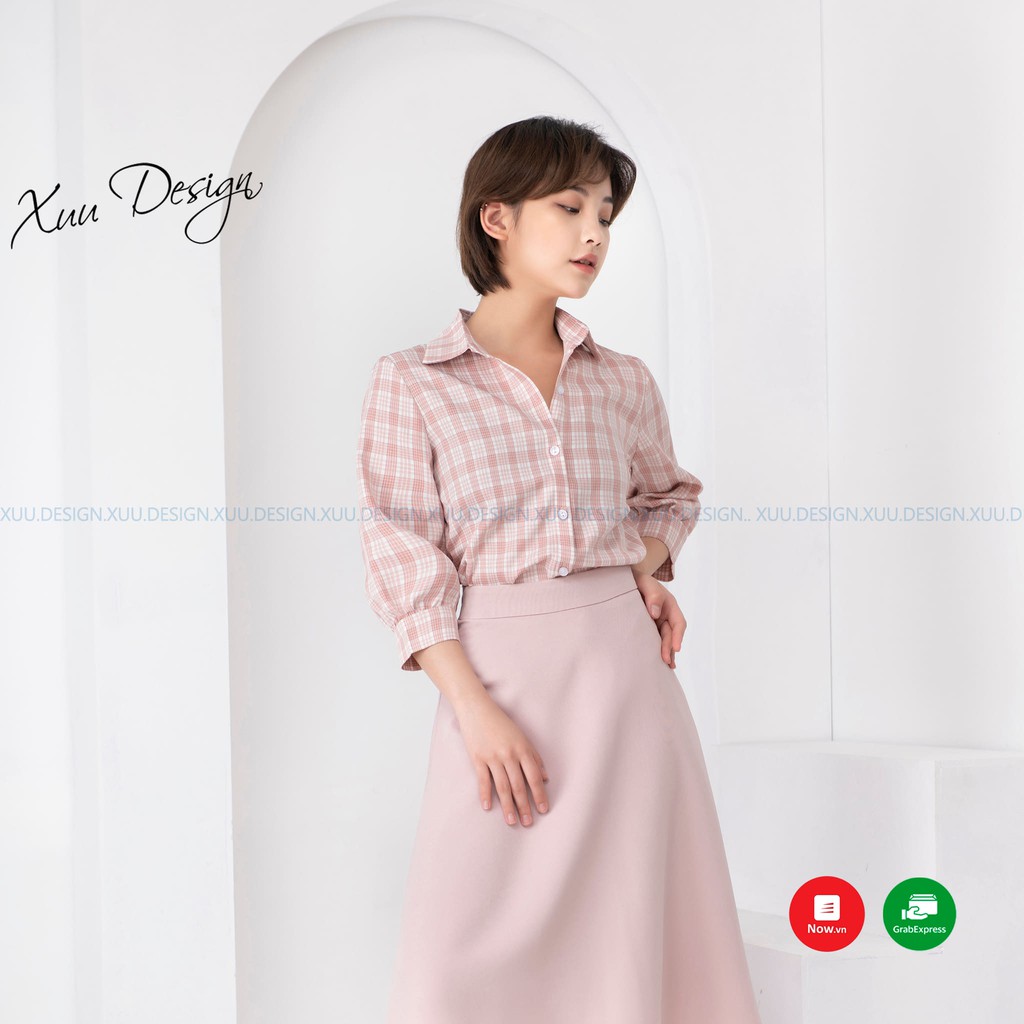 Áo sơ mi nữ kẻ caro Xuu, chất vải kate thiết kế tay lỡ trẻ trung Xu02