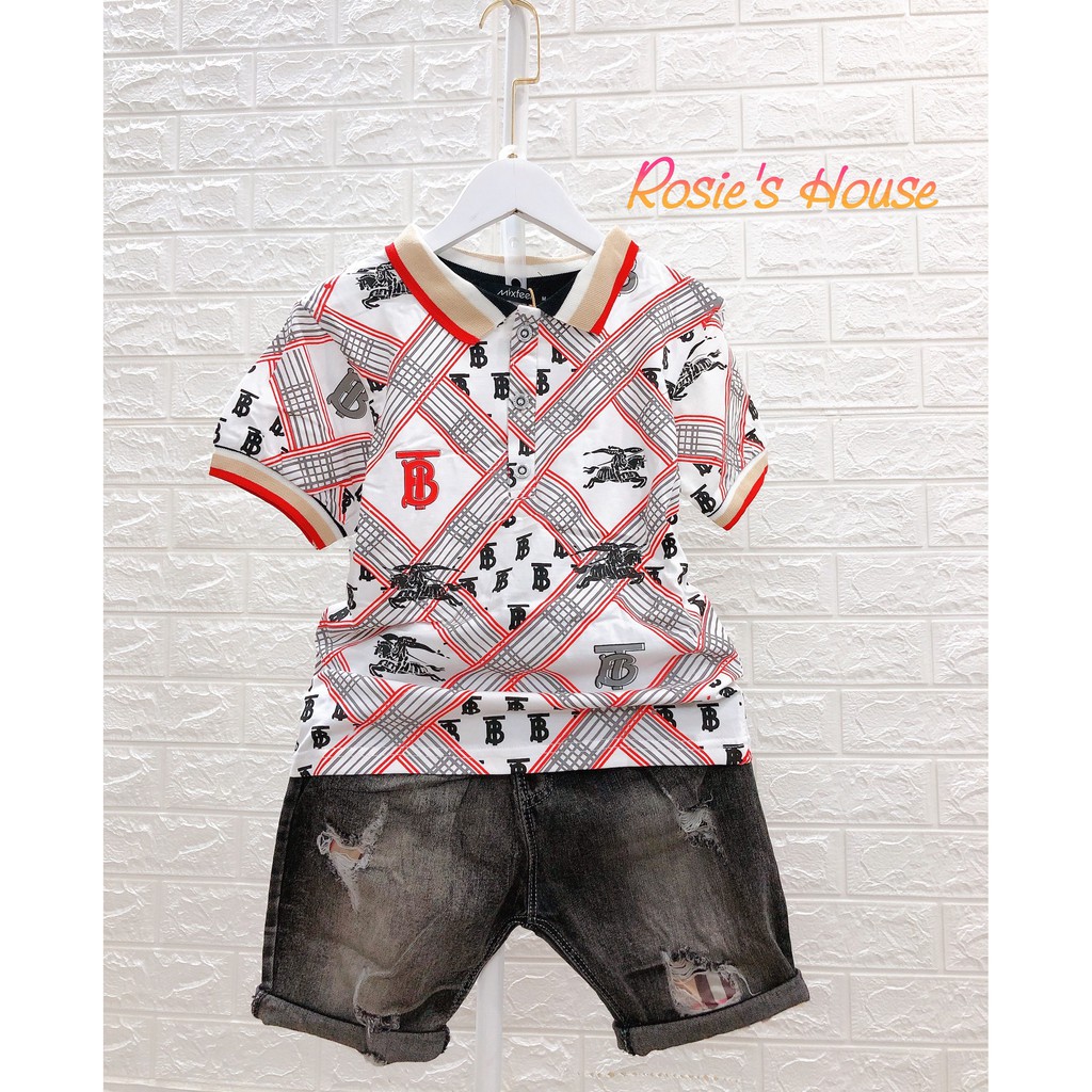 Bộ Quần Áo Bé Trai Mùa Hè Áo Thun Polo Họa Tiết BBR Cao Cấp Quần Ngố Jean Phối Cực Chất Cho Bé 15-30kg