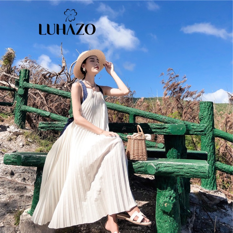 Váy maxi đi biển trắng LUHAZO bigsize trễ vai hở lưng dáng dài xòe 2 dây sang chảnh kiểu hàn quốc 6611 DK1T203