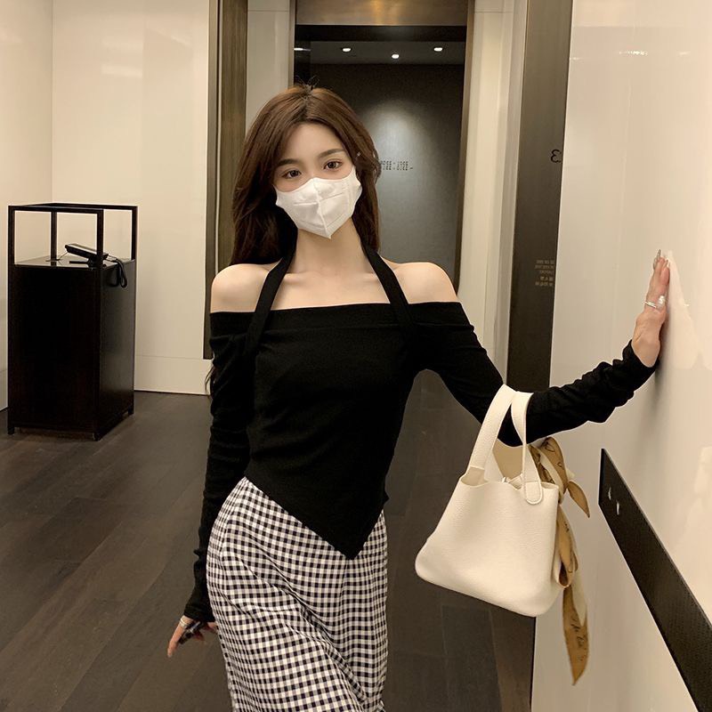 Áo trễ vai ❤️ Áo len mỏng dài tay kèm dây yếm dáng ôm sexxy co giãn phong cách Ulzzang