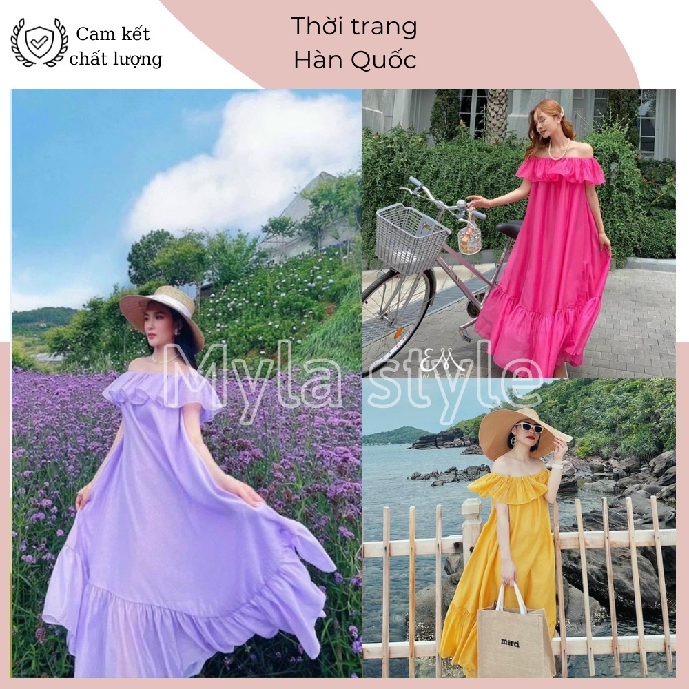 Váy trễ vai đi biển dáng dài , đầm maxi tơ trơn nhiều màu