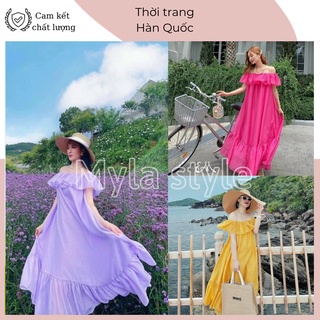 Váy trễ vai đi biển dáng dài , đầm maxi tơ trơn nhiều màu V4
