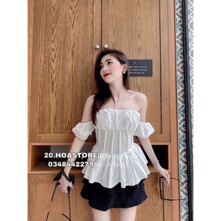 Set đồ nữ Áo Bèo Trắng Hở Vai Tay Bồng Trễ Chun Li Ngực mix Chân váy Ngắn Xếp 2 Tầng Đen