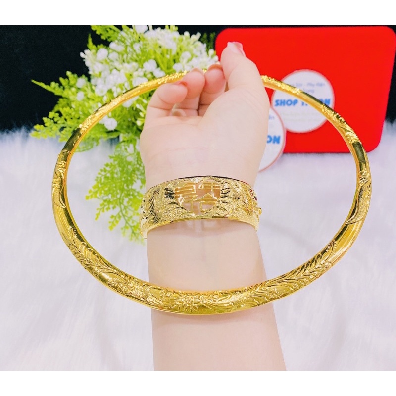 Set 1 kiềng cổ cưới bản dẹp 1 vòng tay cưới bản dẹp chạm chữ khắc hình rồng phụng dát vàng 24 cao cấp mẫu mới cực đẹp