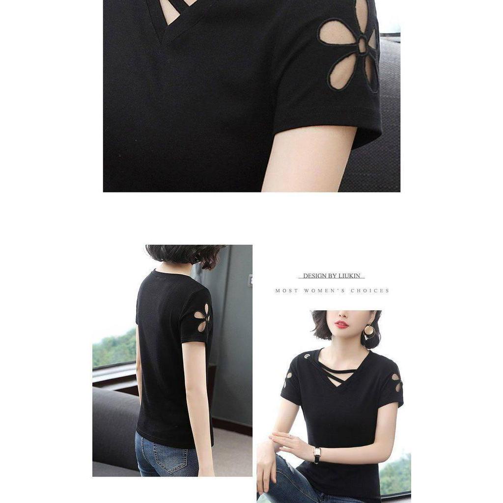 Áo kiểu tay ngắn cổ chữ V dáng rộng làm từ 95% cotton thời trang cho nữ