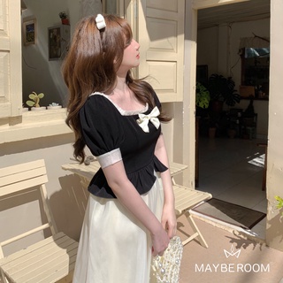 Váy đen cổ vuông tay bồng phối voan be đính nơ xinh tiểu thư vintage Gabriel Mayberoom