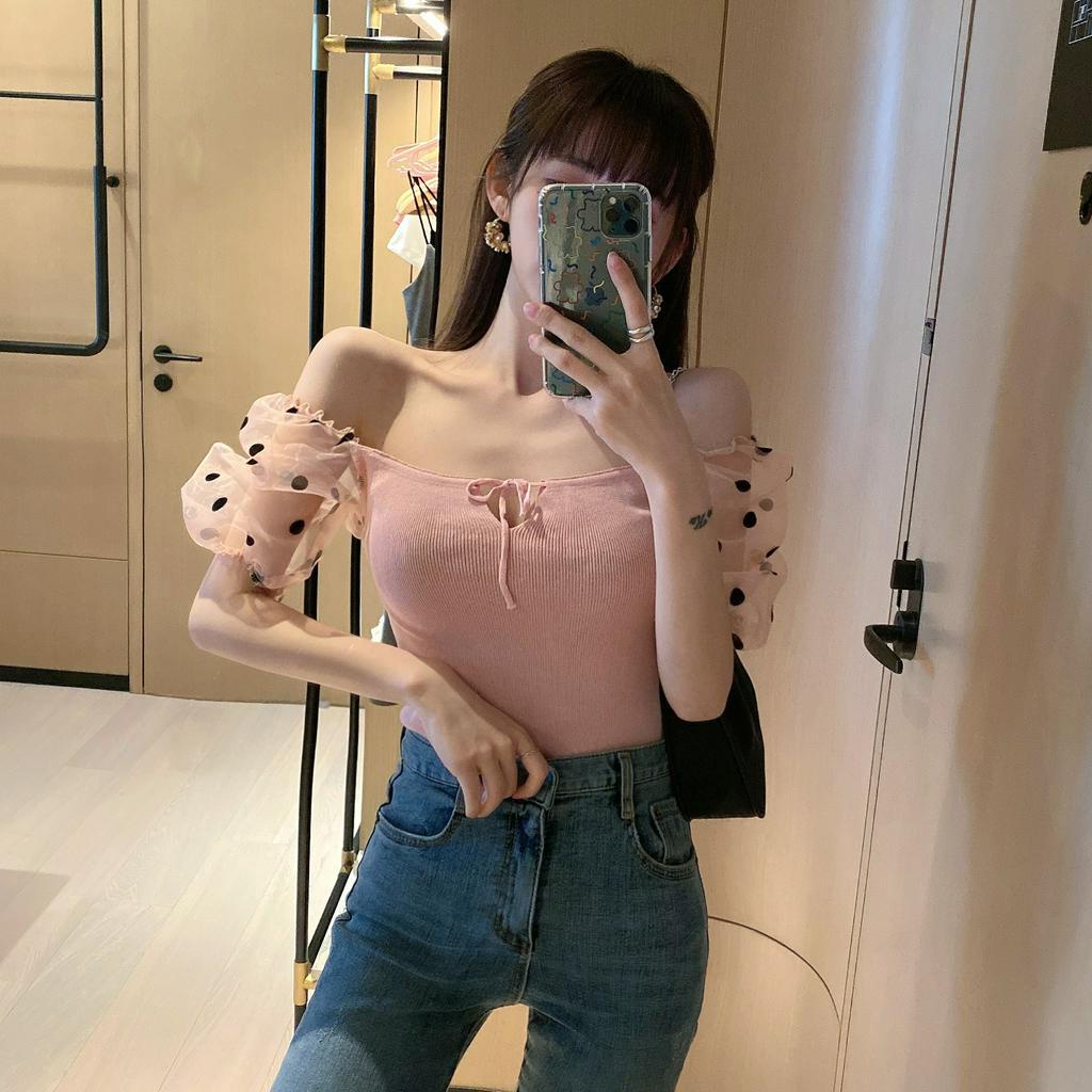 Áo kiểu croptop dệt kim tay phồng hoạ tiết chấm bi thanh lịch thời trang cho nữ