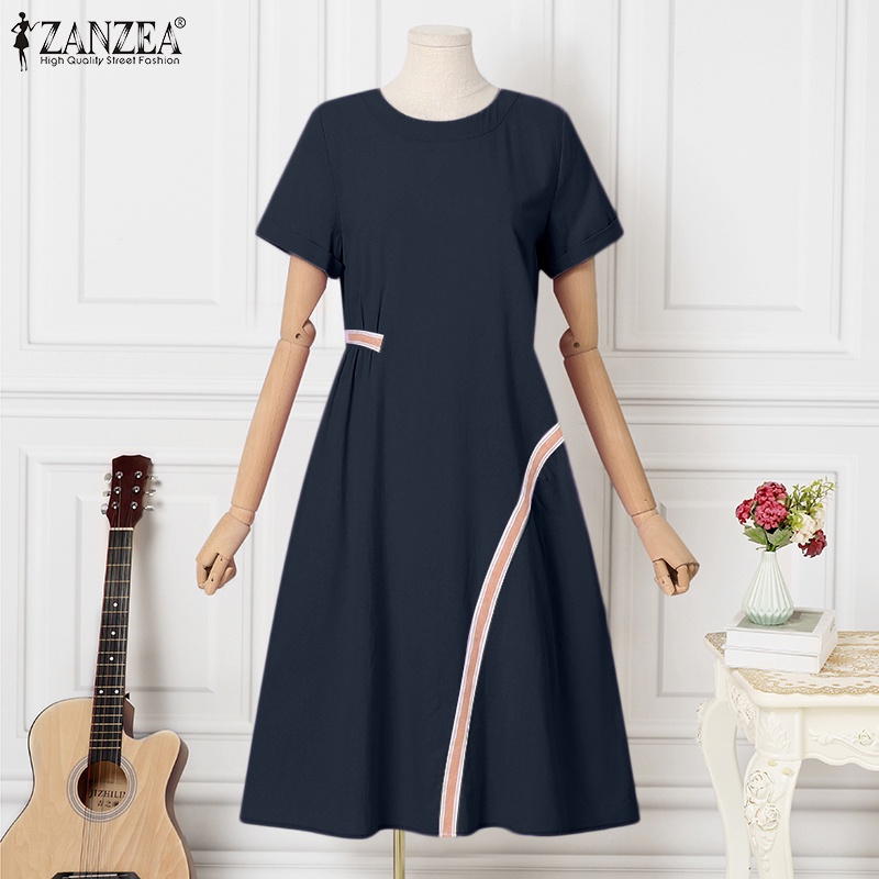 Đầm dài Zanzea tay ngắn cổ tròn thời trang sành điệu cho nữ