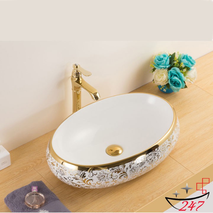 [HÀNG CAO CẤP] Lavabo sứ elip hoa văn vàng cao cấp  bảo hành 10 năm