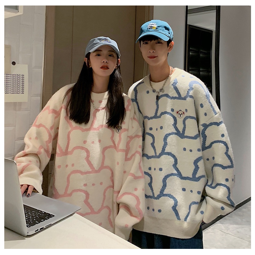 Áo sweater dáng rộng in hoạt hình gấu phong cách Hàn Quốc thời trang thu đông cho các cặp đôi